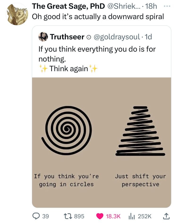 Photograph - The Great Sage, PhD .... 18h Oh good it's actually a downward spiral Truthseer . 1d If you think everything you do is for nothing. Think again If you think you're going in circles Just shift your perspective 39 1895