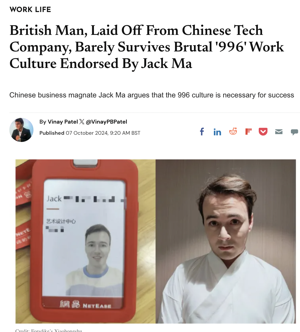 screenshot - Work Life British Man, Laid Off From Chinese Tech Company, Barely Survives Brutal '996' Work Culture Endorsed By Jack Ma Chinese business magnate Jack Ma argues that the 996 culture is necessary for success By Vinay Patel X Published , Bst f 