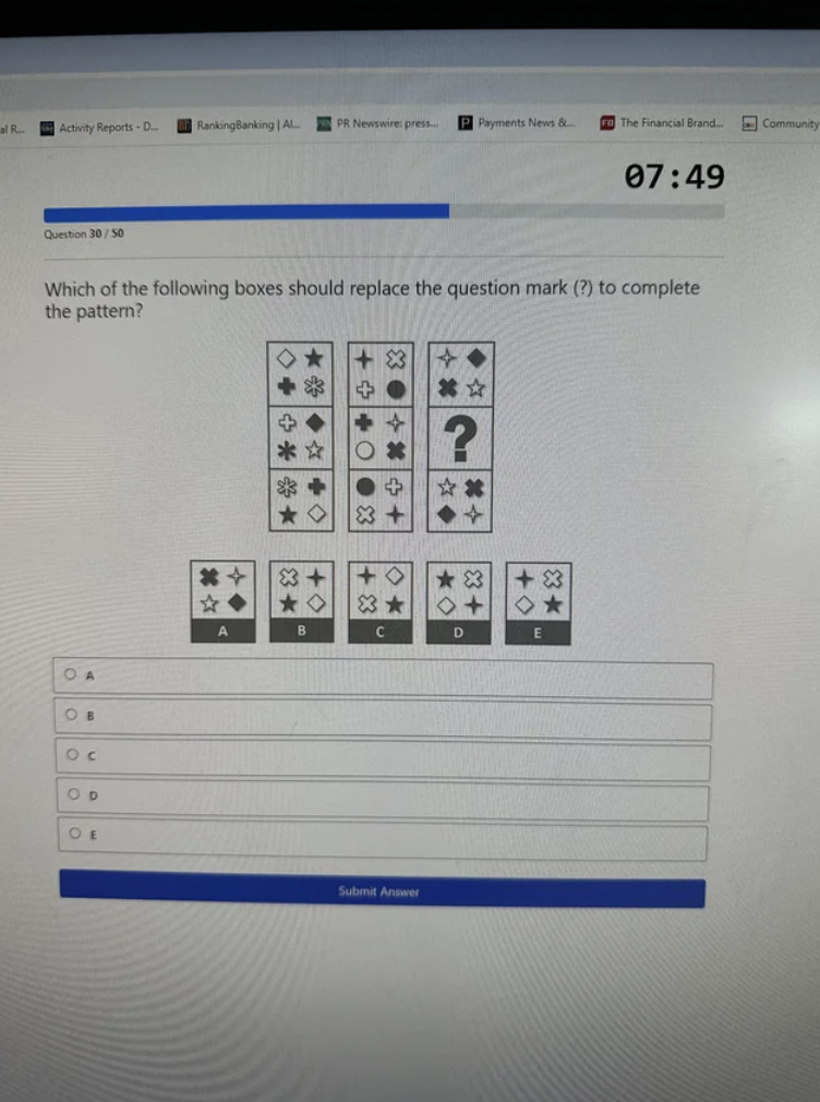 operating system - Q De bed Which of the ing boxes should replace the question mark ? to complete the pattern? 83 00 On Dc ? O 4 0 83 # > 3 C D E 0 Subert Arment 3