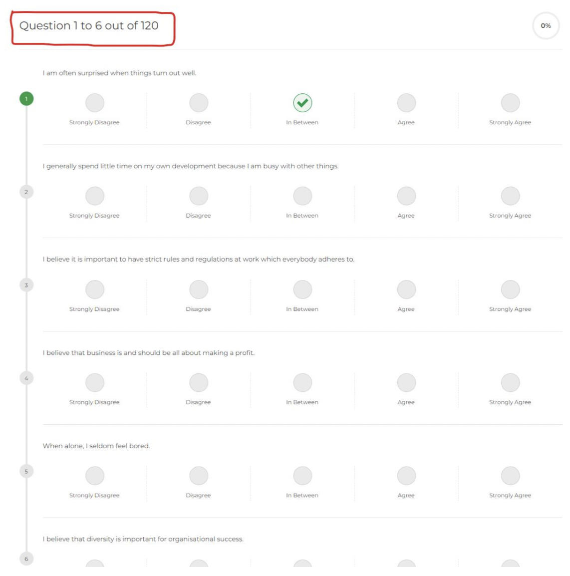 screenshot - Question 1 to 6 out of 120 I am often surged when things tum out w generally spend some on my own development causam buty with other things believe important to have strict rules and regulations at work which rybody to I belive that business 