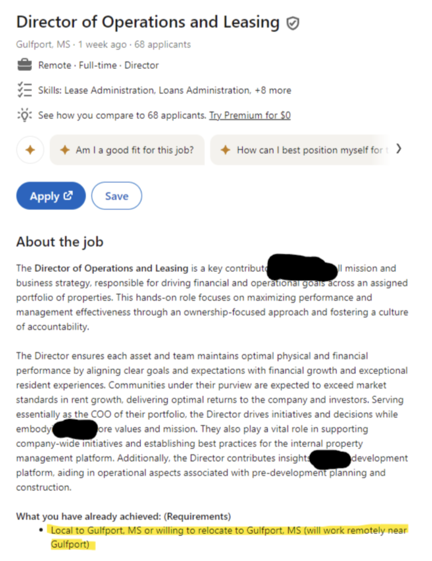 document - Director of Operations and Leasing Gulfport, Ms1 week ago 68 applicants !!! Remote Fulltime Director Skills Lease Administration. Loans Administration. 8 more See how you compare to 68 applicants. Iny Premium for 50 Am I a good fit for this job