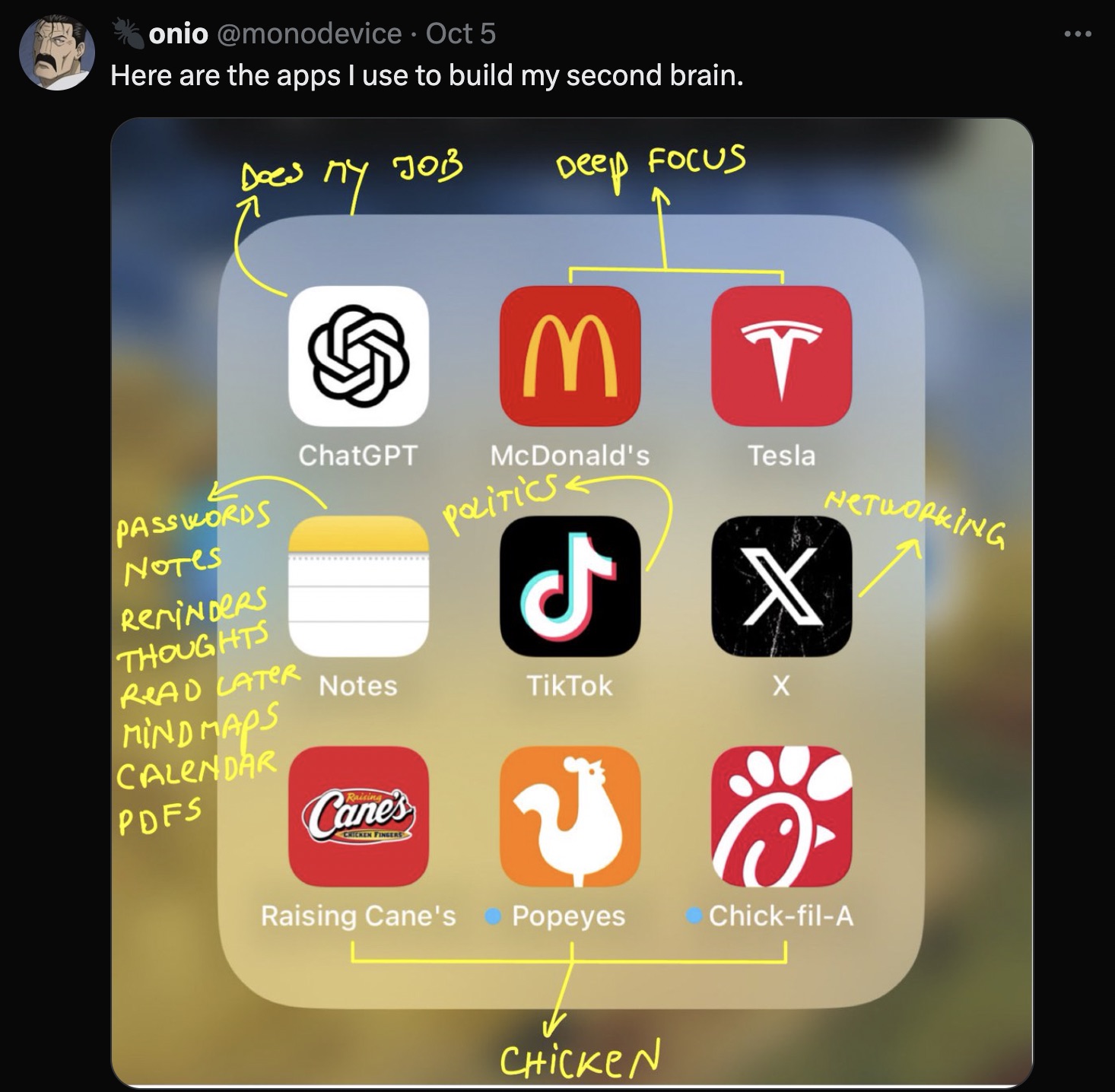 screenshot - onio Oct 5 Here are the apps I use to build my second brain. Does 703 Deep Focus M T Passwords NoTes ChatGPT McDonald's Politics Tesla ReniNDERS Thoughts Read Later Mind Maps Calendar Pdes Raising Cane's X Notes TikTok X Raising Cane's Popeye