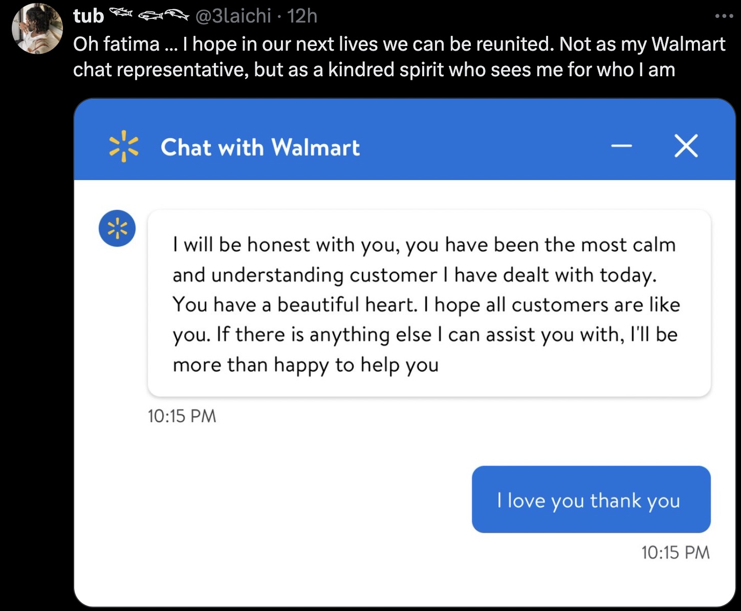 screenshot - tub 12h ... Oh fatima ... I hope in our next lives we can be reunited. Not as my Walmart chat representative, but as a kindred spirit who sees me for who I am Chat with Walmart I will be honest with you, you have been the most calm and unders