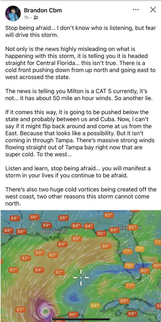 screenshot - Brandon Cbm Th Stop being afraid... I don't know who is listening, but fear will drive this storm. Not only is the news highly misleading on what is happening with this storm, it is telling you it is headed straight for Central Florida... thi