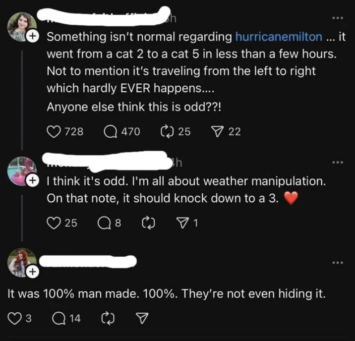 screenshot - Something isn't normal regarding hurricanemilton ... it went from a cat 2 to a cat 5 in less than a few hours. Not to mention it's traveling from the left to right which hardly Ever happens.... Anyone else think this is odd??! 728 470 25 22 h