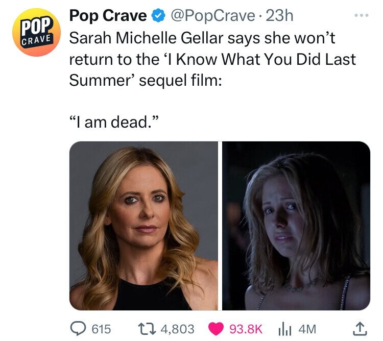 girl - Pop Crave Pop Crave . 23h Sarah Michelle Gellar says she won't return to the 'I Know What You Did Last Summer' sequel film "I am dead." 615 4,803 | 4M