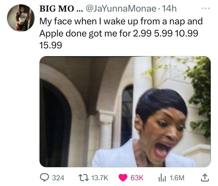 photo caption - Big Mo... . 14h My face when I wake up from a nap and Apple done got me for 2.99 5.99 10.99 15.99 324 63K Iii 1.6M