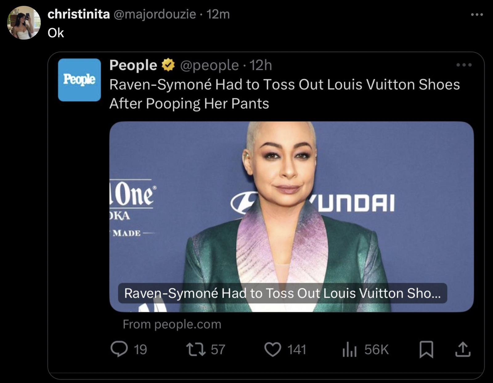 screenshot - christinita 12m Ok People 12h People RavenSymon Had to Toss Out Louis Vuitton Shoes After Pooping Her Pants One Oka Made Undai RavenSymon Had to Toss Out Louis Vuitton Sho... From people.com 19 1757 141 l 56K