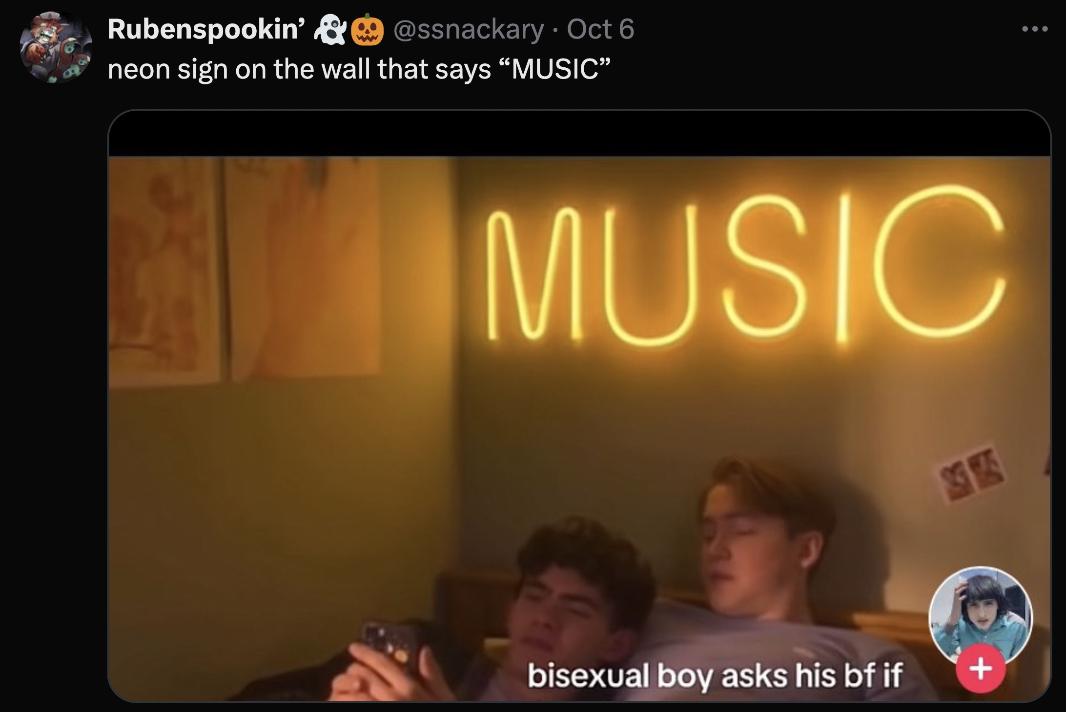 screenshot - Rubenspookin' & Oct 6 neon sign on the wall that says "Music" Music 35 925 bisexual boy asks his bf if