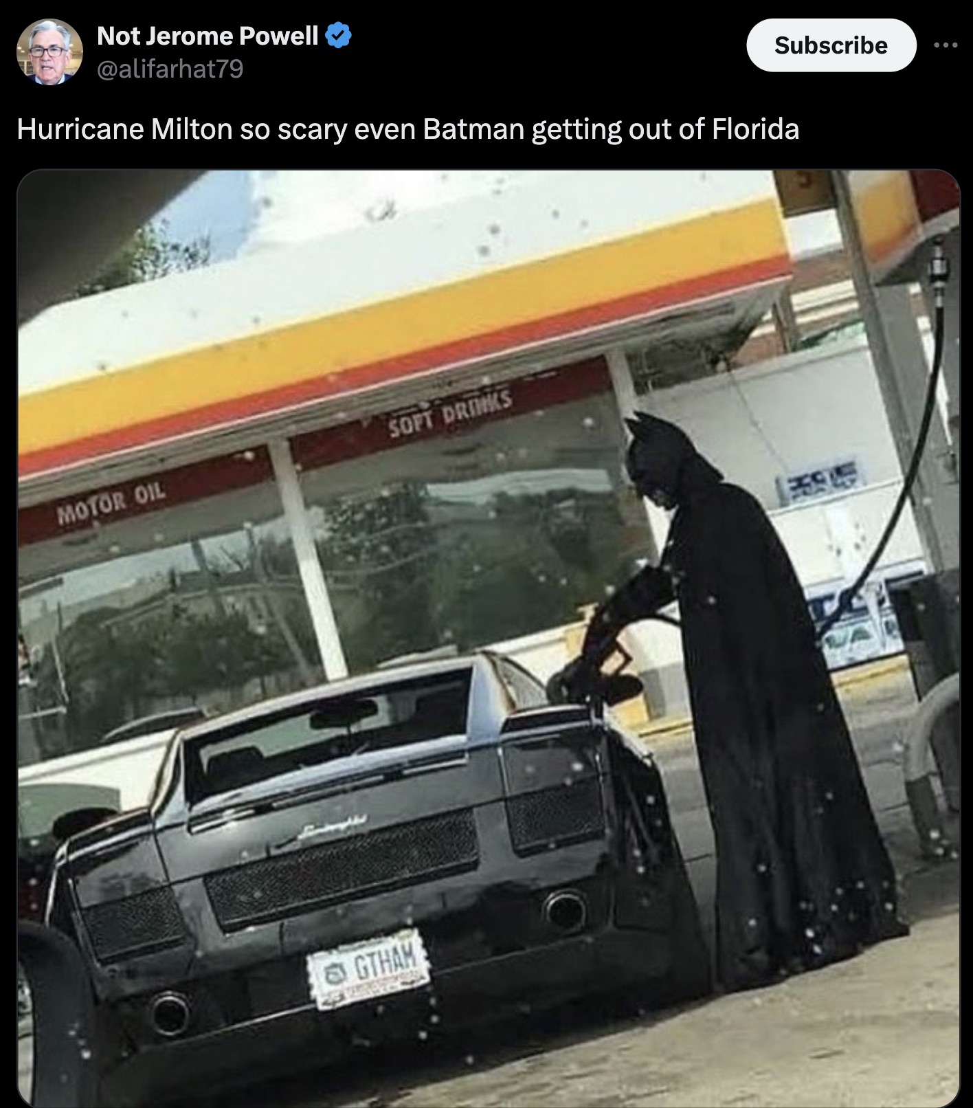 batman lamborghini gas station - Not Jerome Powell Hurricane Milton so scary even Batman getting out of Florida Motor Oil Soft Drinks Gtham Subscribe