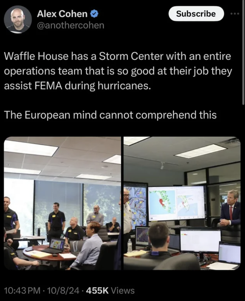 fast food restaurant - Alex Cohen Subscribe Waffle House has a Storm Center with an entire operations team that is so good at their job they assist Fema during hurricanes. The European mind cannot comprehend this Pm108 Views