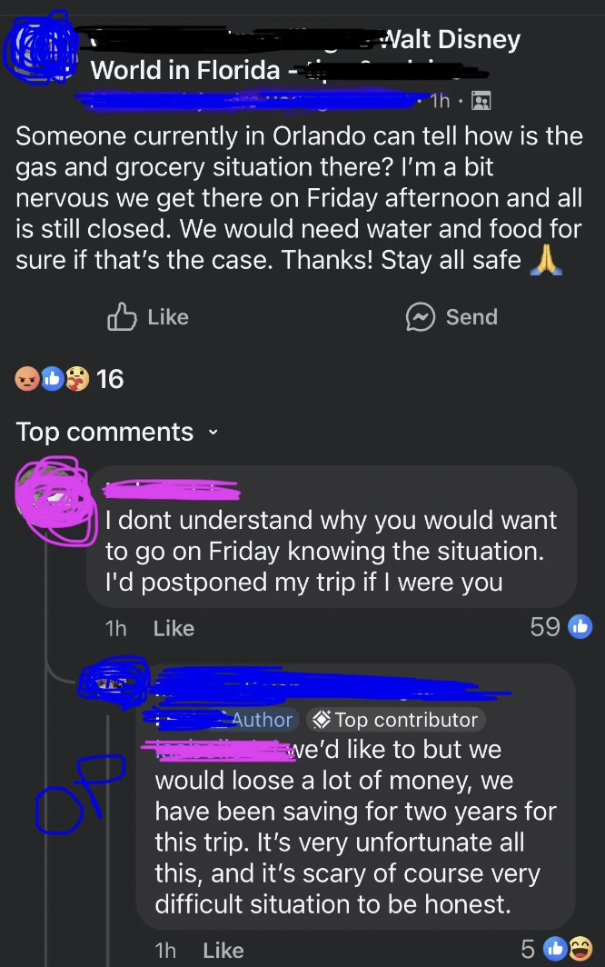 screenshot - World in Florida Walt Disney h Someone currently in Orlando can tell how is the gas and grocery situation there? I'm a bit nervous we get there on Friday afternoon and all is still closed. We would need water and food for sure if that's the c