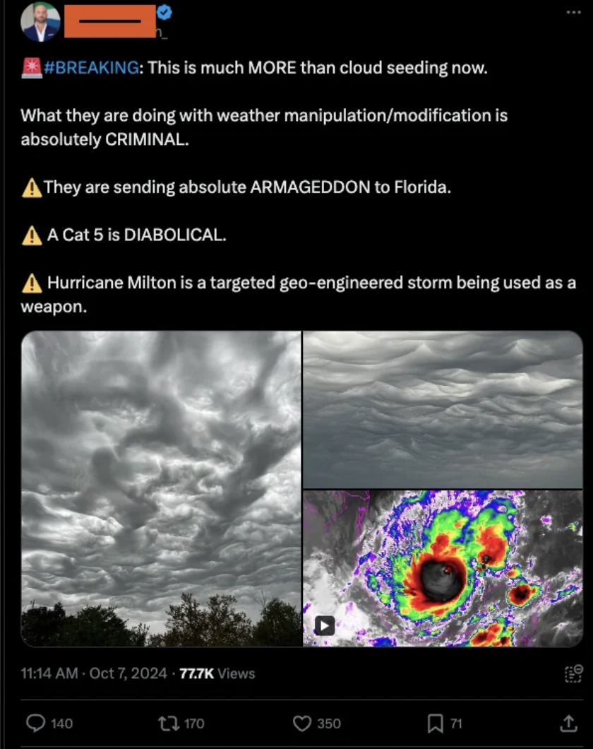 screenshot - This is much More than cloud seeding now. What they are doing with weather manipulationmodification is absolutely Criminal. They are sending absolute Armageddon to Florida. Aa Cat 5 is Diabolical. A Hurricane Milton is a targeted geoengineere