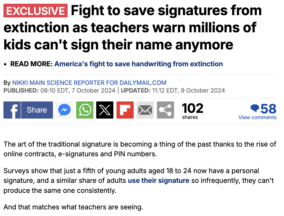 screenshot - Exclusive Fight to save signatures from extinction as teachers warn millions of kids can't sign their name anymore Read More America's fight to save handwriting from extinction By Nikki Main Science Reporter For Dailymail.Com Published Edt, |