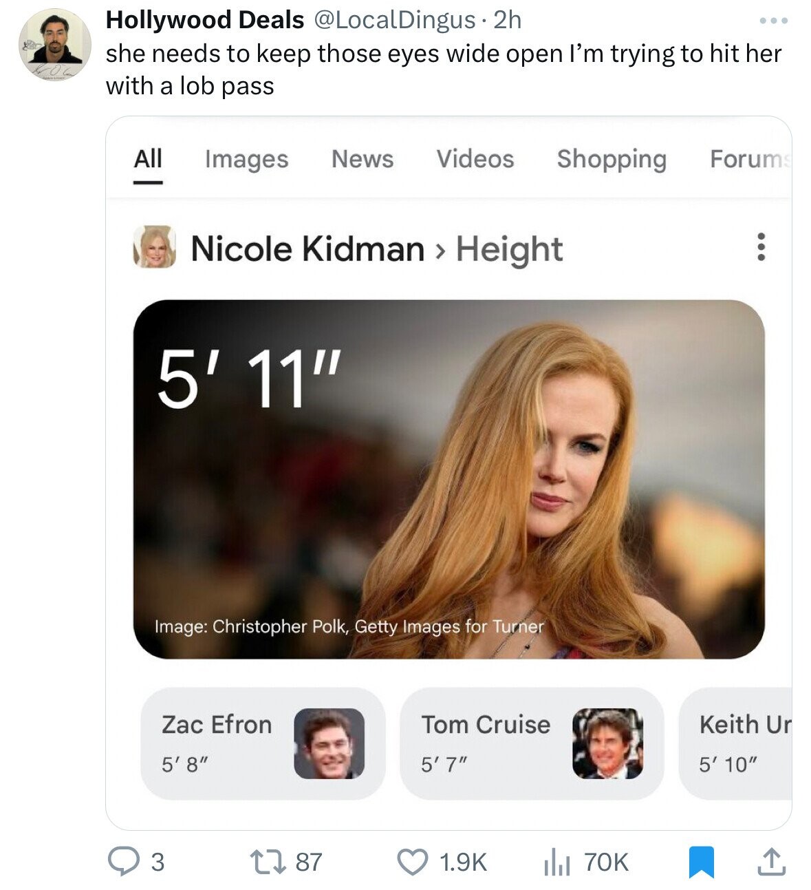 screenshot - Hollywood Deals . 2h she needs to keep those eyes wide open I'm trying to hit her with a lob pass All Images News Videos Shopping Nicole Kidman > Height 5' 11" Forums Image Christopher Polk, Getty Images for Turner Zac Efron 5' 8" Tom Cruise 