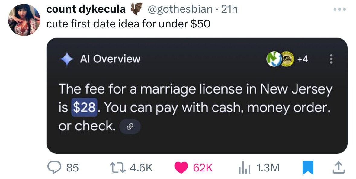 screenshot - count dykecula 21h cute first date idea for under $50 Al Overview 4 The fee for a marriage license in New Jersey is $28. You can pay with cash, money order, or check. ... 85 17 62K Ili 1.3M