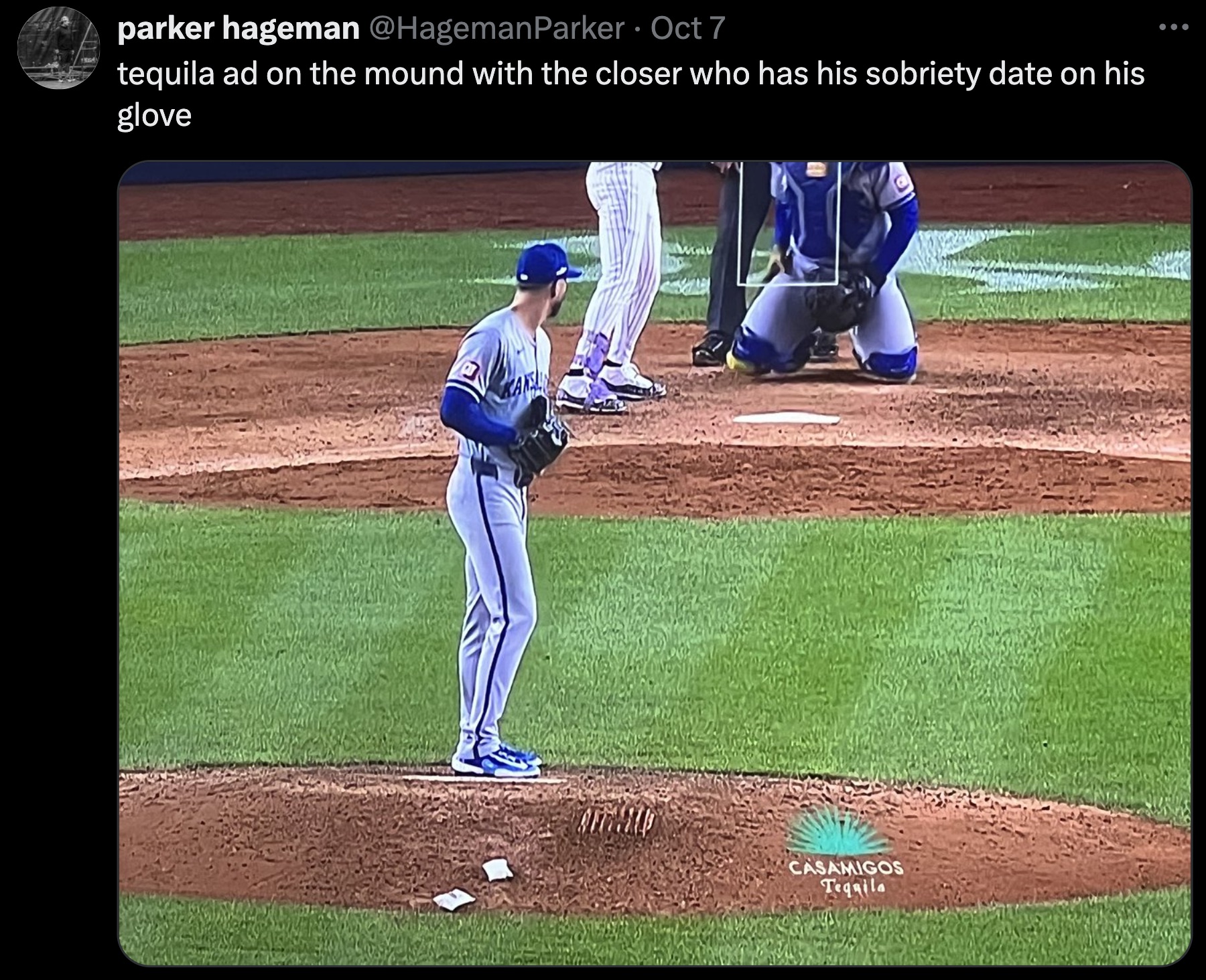 college baseball - parker hageman Oct 7 tequila ad on the mound with the closer who has his sobriety date on his glove Casamigos Tequila