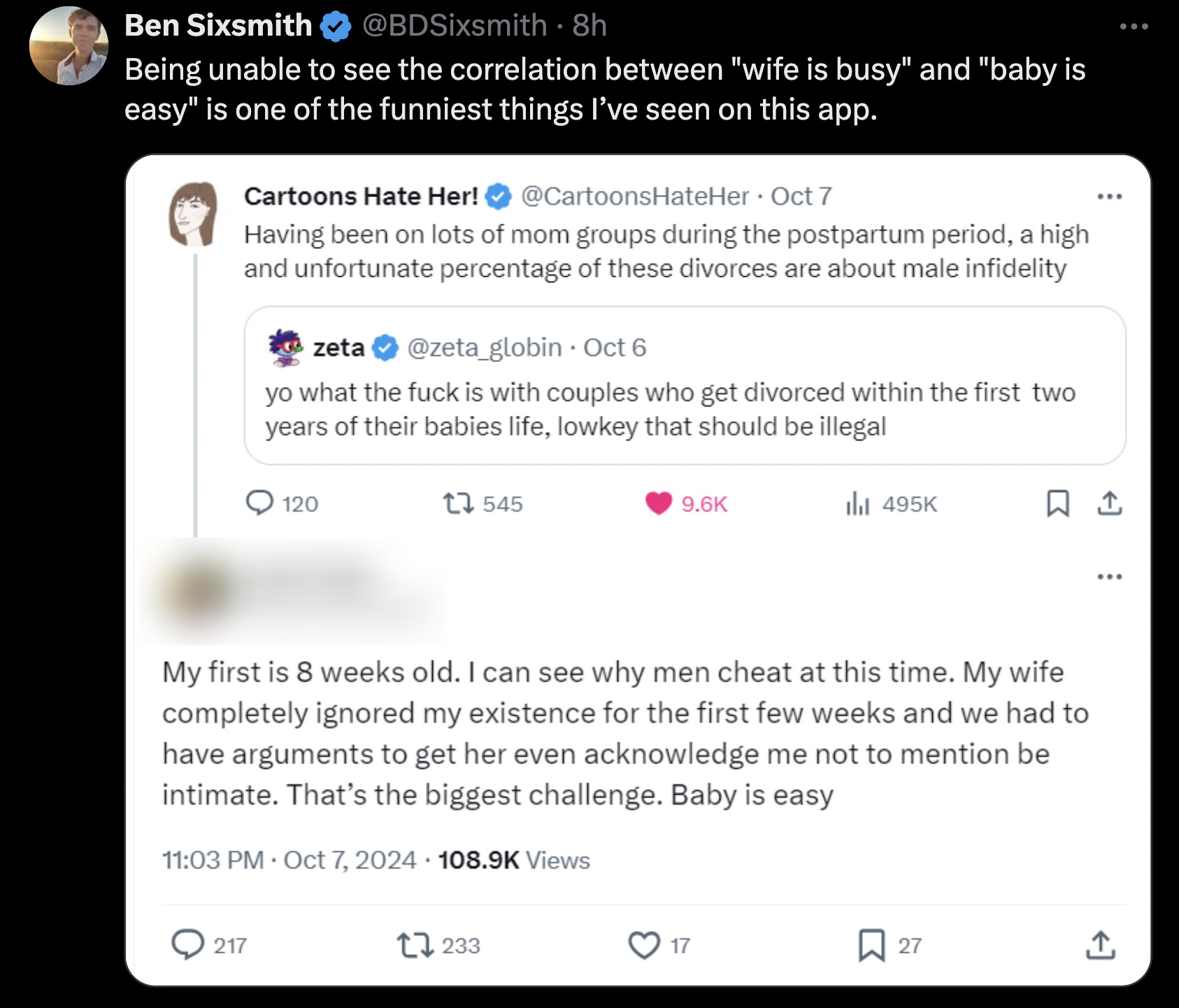 screenshot - Ben Sixsmith 8h Being unable to see the correlation between "wife is busy" and "baby is easy" is one of the funniest things I've seen on this app. Cartoons Hate Her! Oct 7 Having been on lots of mom groups during the postpartum period, a high