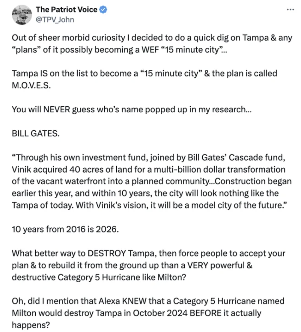 document - The Patriot Voice John Out of sheer morbid curiosity I decided to do a quick dig on Tampa & any "plans" of it possibly becoming a Wef "15 minute city"... Tampa Is on the list to become a "15 minute city" & the plan is called M.O.V.E.S. You will