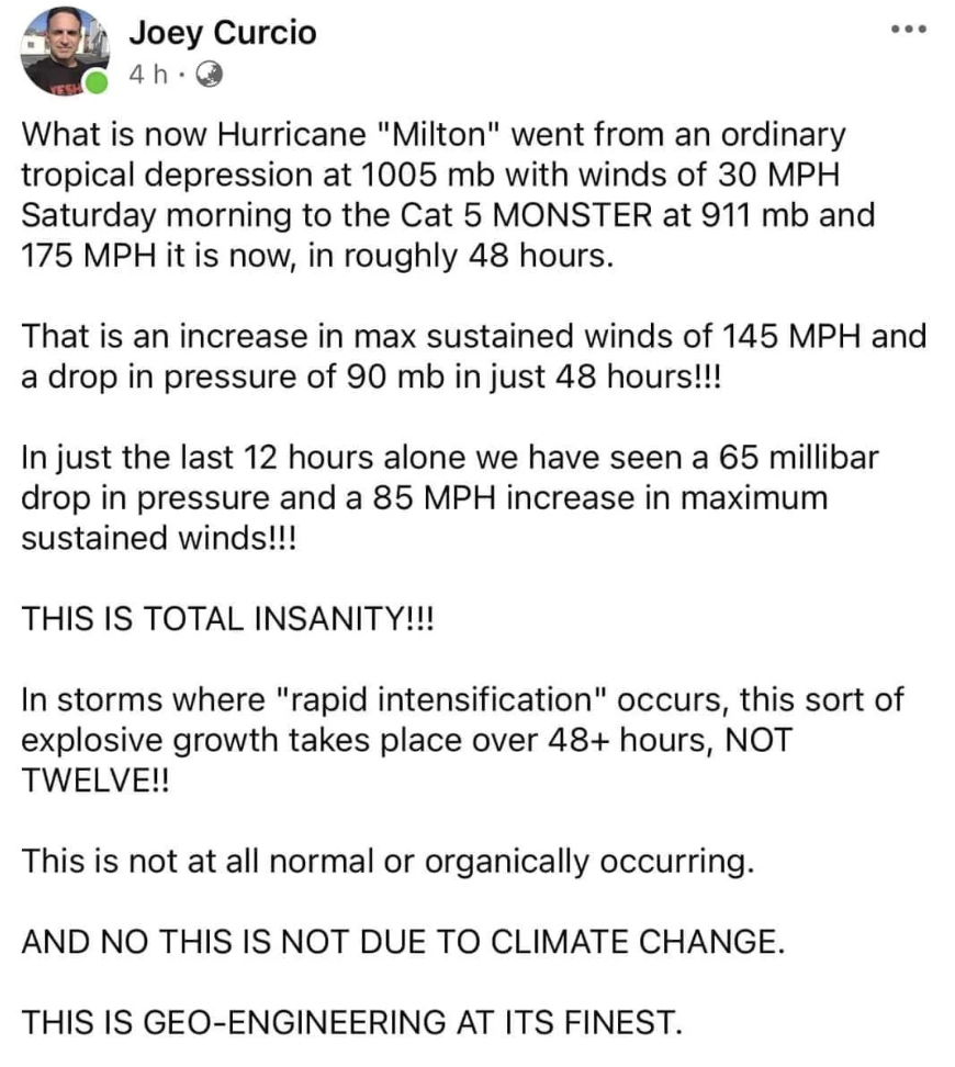 document - Joey Curcio 4h. What is now Hurricane "Milton" went from an ordinary tropical depression at 1005 mb with winds of 30 Mph Saturday morning to the Cat 5 Monster at 911 mb and 175 Mph it is now, in roughly 48 hours. That is an increase in max sust