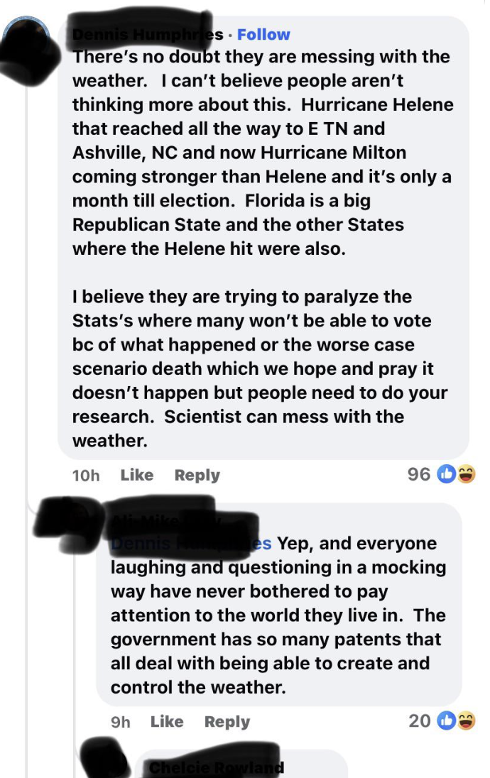 screenshot - es There's no doubt they are messing with the weather. I can't believe people aren't thinking more about this. Hurricane Helene that reached all the way to E Tn and Ashville, Nc and now Hurricane Milton coming stronger than Helene and it's on