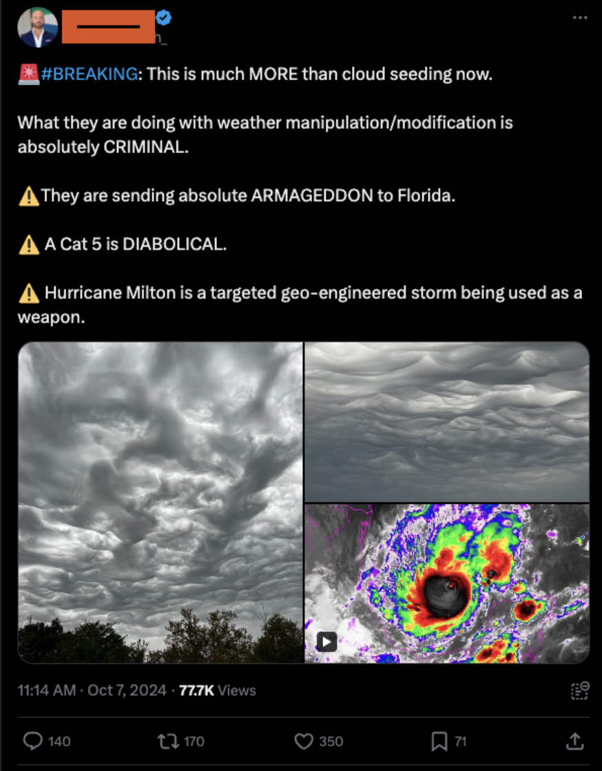 screenshot - This is much More than cloud seeding now. What they are doing with weather manipulationmodification is absolutely Criminal. A They are sending absolute Armageddon to Florida. A Cat 5 is Diabolical. A Hurricane Milton is a targeted geoengineer