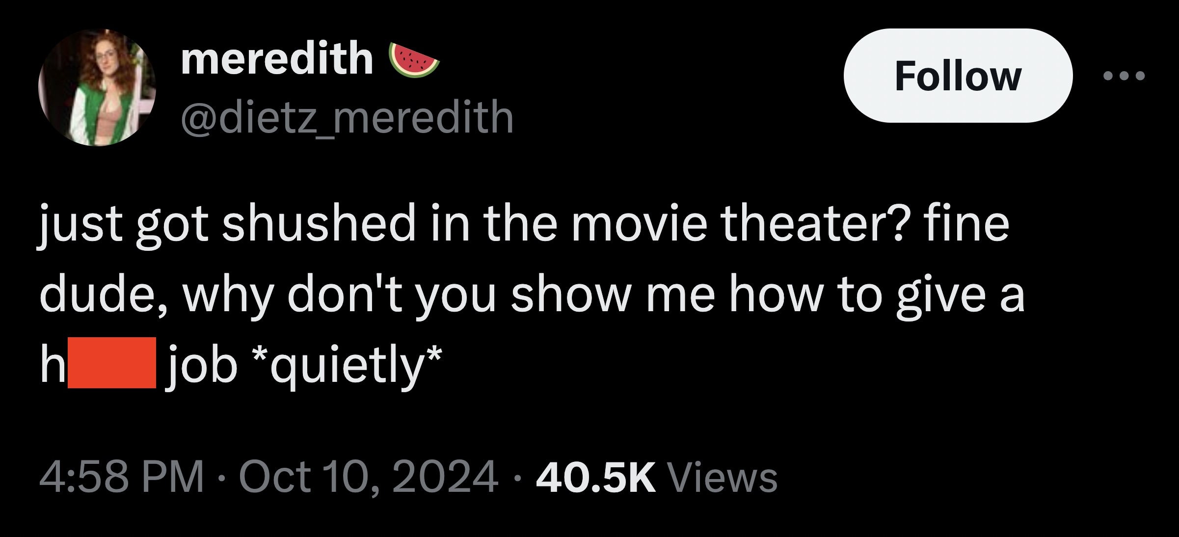 parallel - meredith just got shushed in the movie theater? fine dude, why don't you show me how to give a job quietly h Views