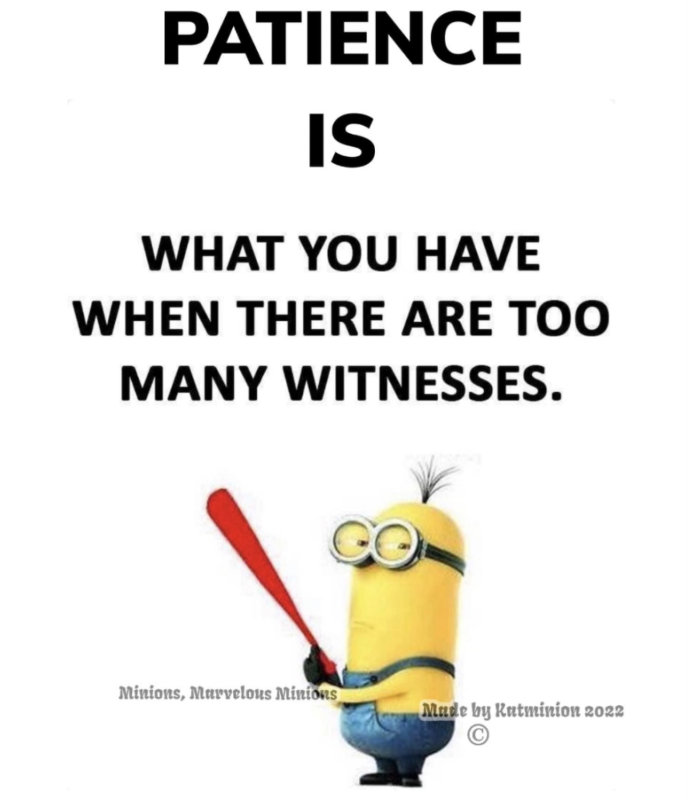 poster - Patience Is What You Have When There Are TO0 Many Witnesses. Co Minions, Marvelous Minions Made by Katminion 2022