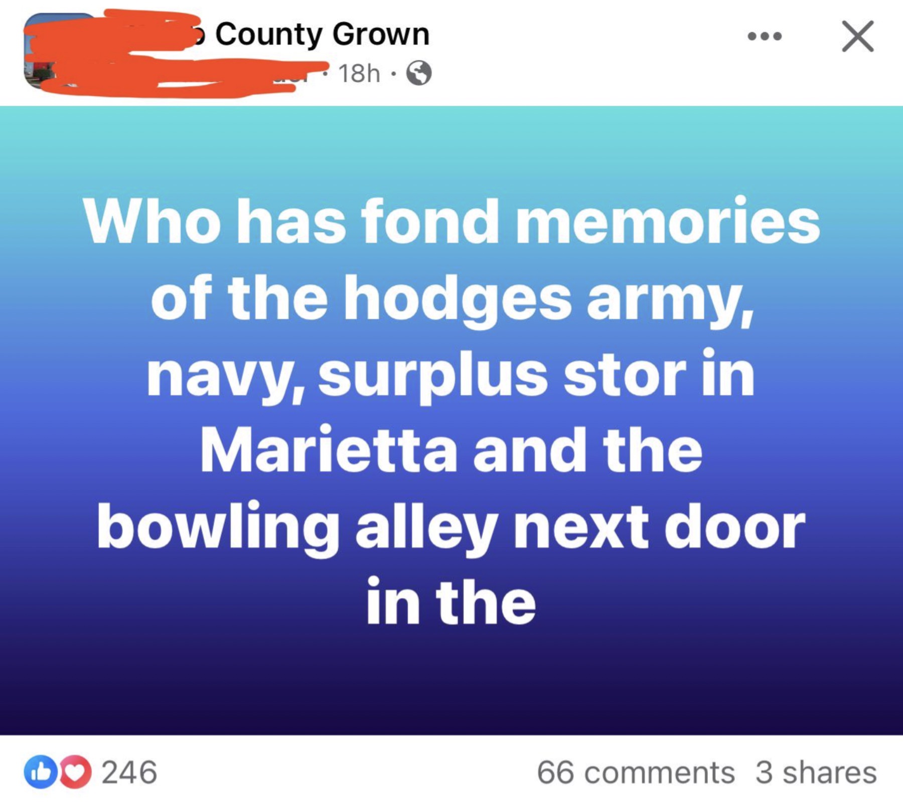 screenshot - County Grown 18h Who has fond memories of the hodges army, navy, surplus stor in Marietta and the bowling alley next door in the 246 66 3