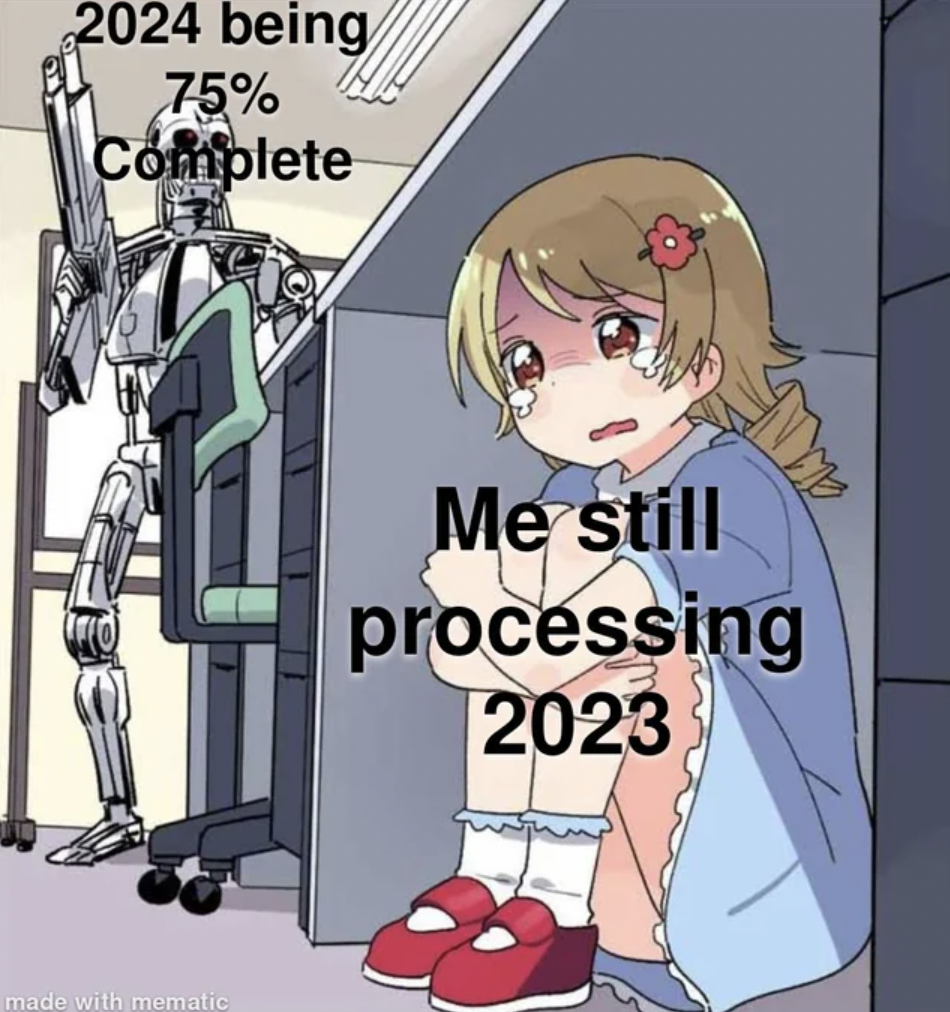 Internet meme - 2024 being 75% Complete made with mematic Me still processing 2023