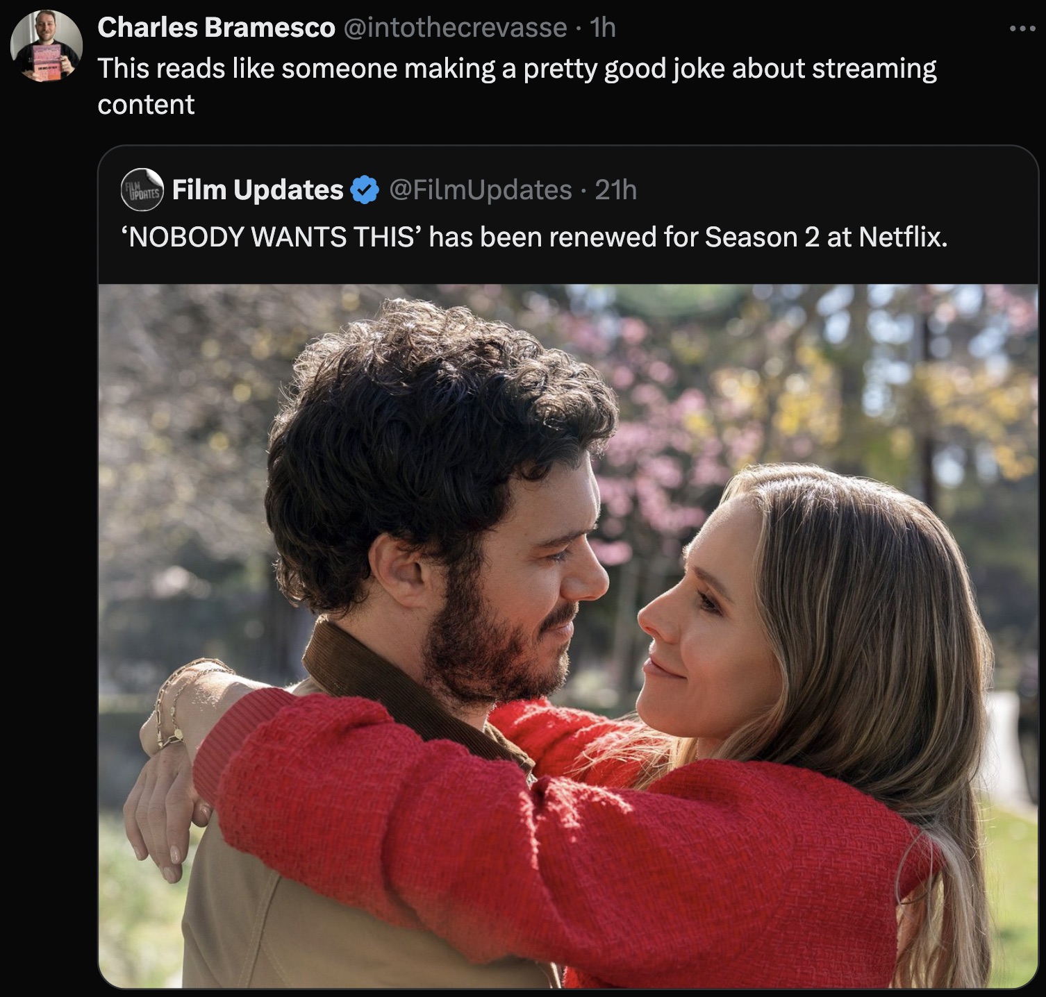 kristen bell nobody wants - Charles Bramesco 1h This reads someone making a pretty good joke about streaming content Film Updates 21h 'Nobody Wants This' has been renewed for Season 2 at Netflix.