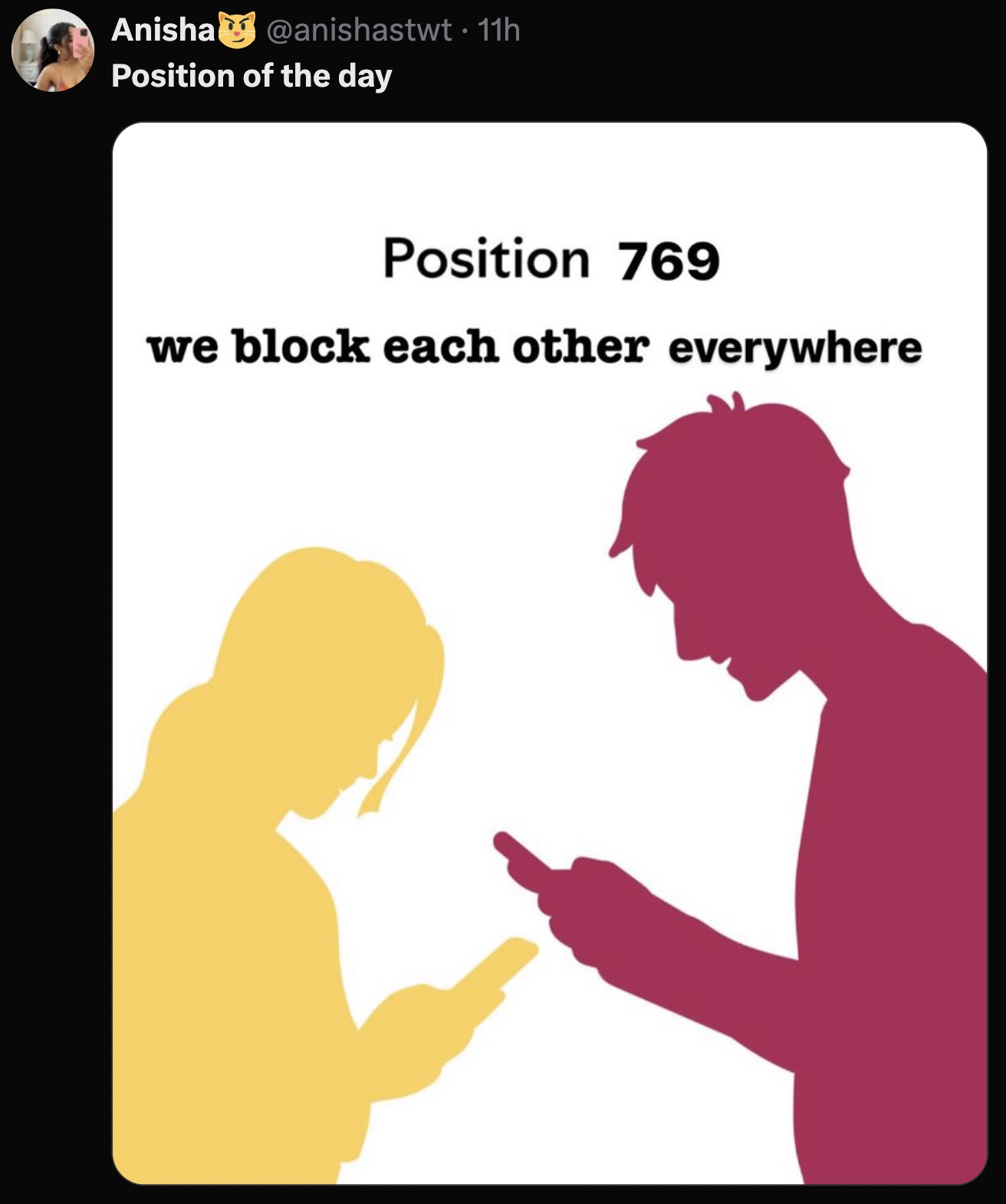 poster - Anisha . 11h Position of the day Position 769 we block each other everywhere