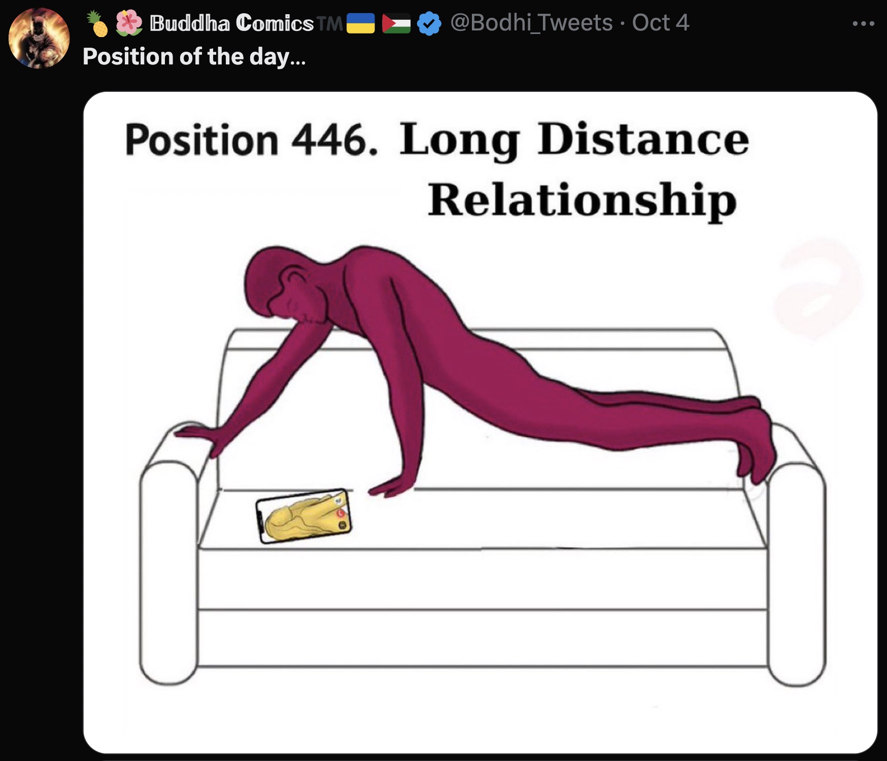 Buddha ComicsM Tweets Oct 4 ... Position of the day... Position 446. Long Distance Relationship