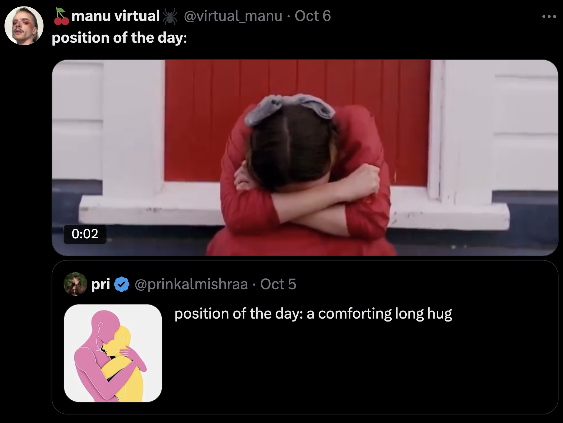 screenshot - manu virtual Oct 6 position of the day pri Oct 5 position of the day a comforting long hug