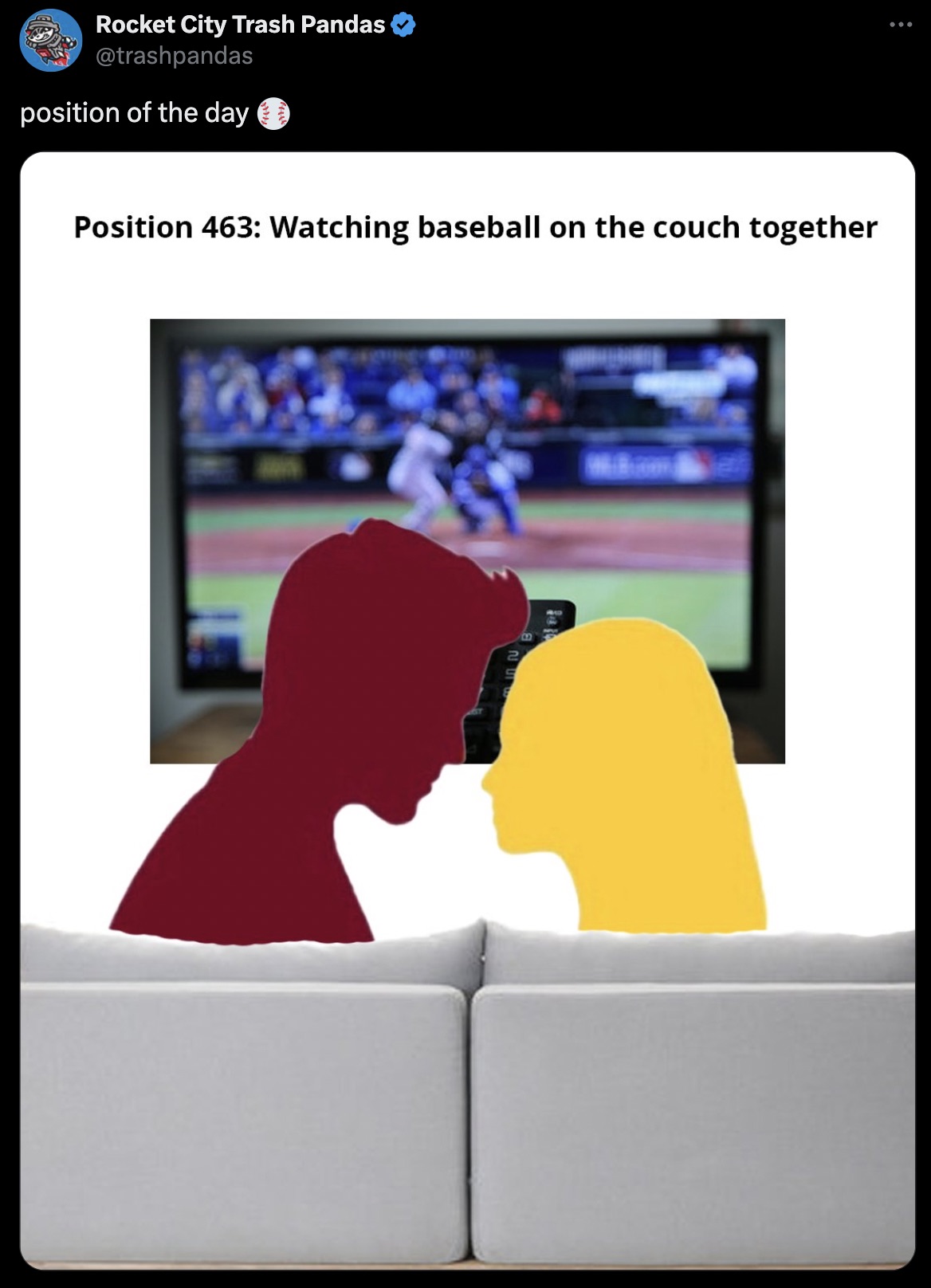 screenshot - S Rocket City Trash Pandas position of the day Position 463 Watching baseball on the couch together 2