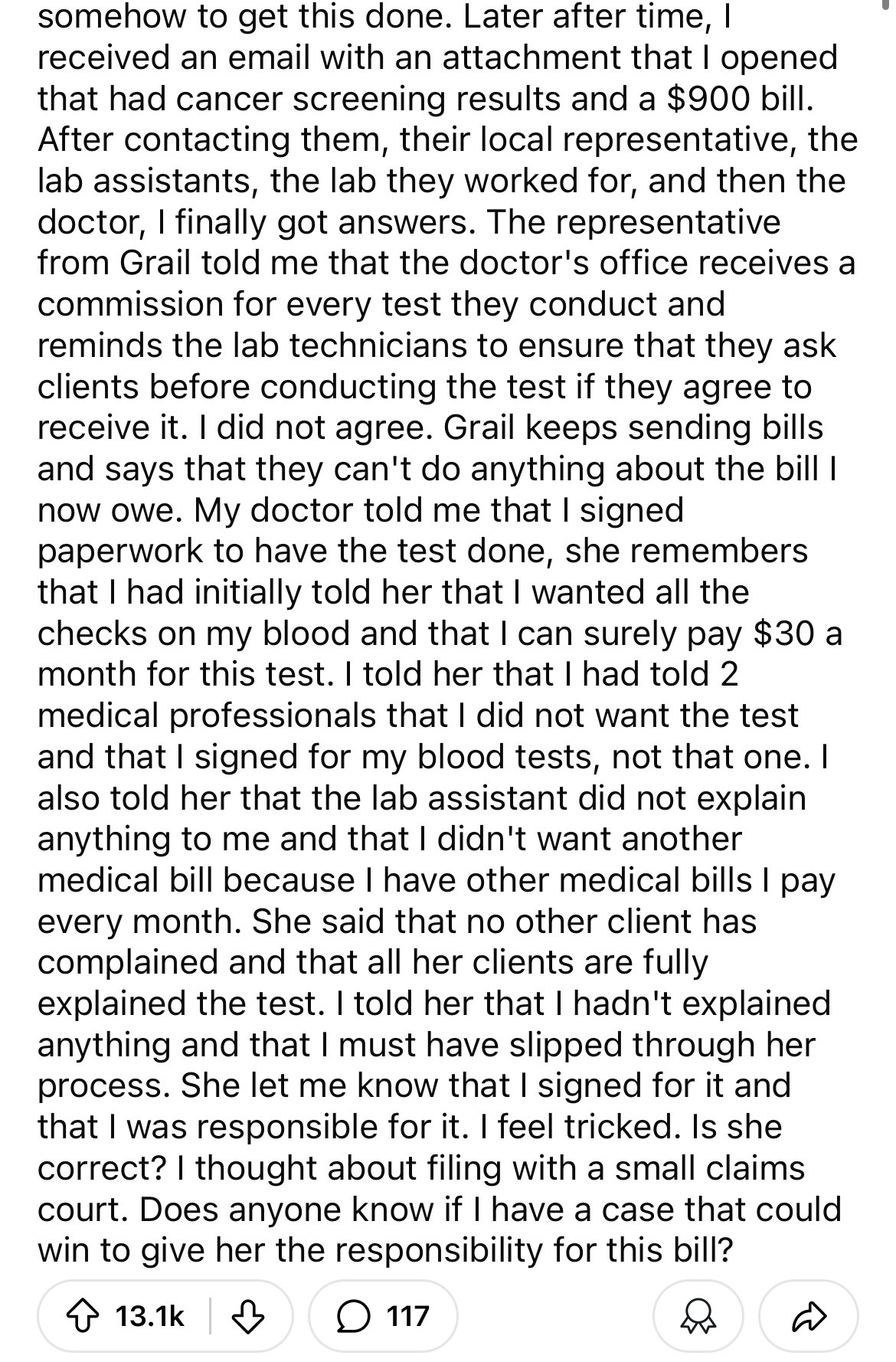 document - somehow to get this done. Later after time, I received an email with an attachment that I opened that had cancer screening results and a $900 bill. After contacting them, their local representative, the lab assistants, the lab they worked for, 