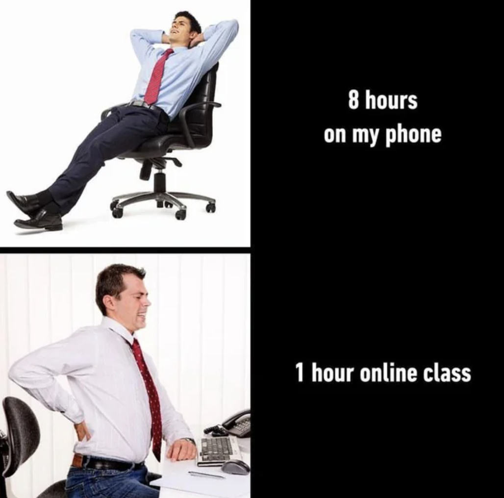 guy in office chair - 8 hours on my phone 1 hour online class