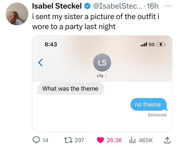 screenshot - Isabel Steckel .... 16h i sent my sister a picture of the outfit i wore to a party last night r What was the theme Ls Lily > Ill 5G no theme Delivered 14 1297