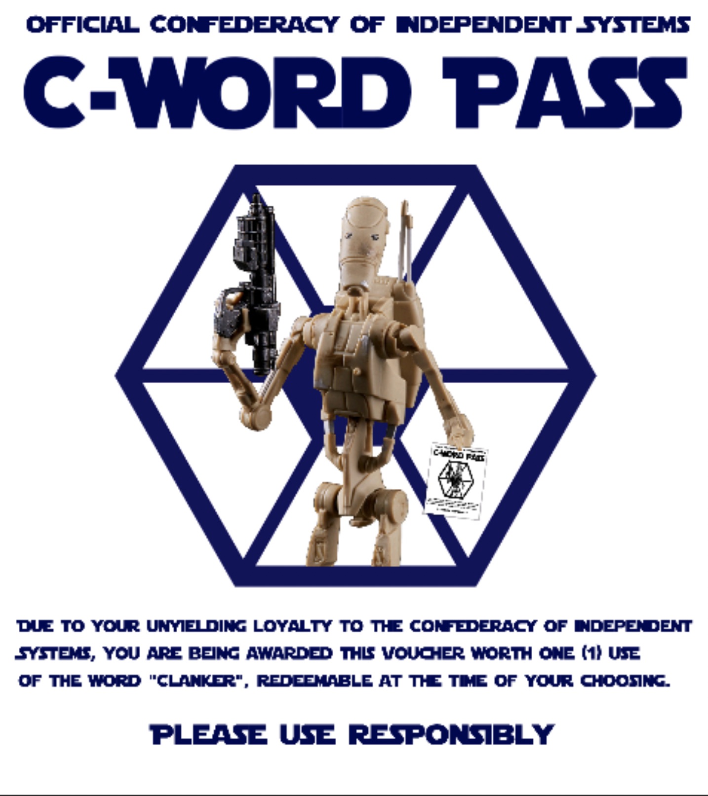 separatist logo star wars - Official Confederacy Of Independent Systems CWord Pass Caword Fais Due To Your Unyielding Loyalty To The Confederacy Of Independent Systems, You Are Being Awarded This Voucher Worth One 1 Use Of The Word "Clanker", Redeemable A