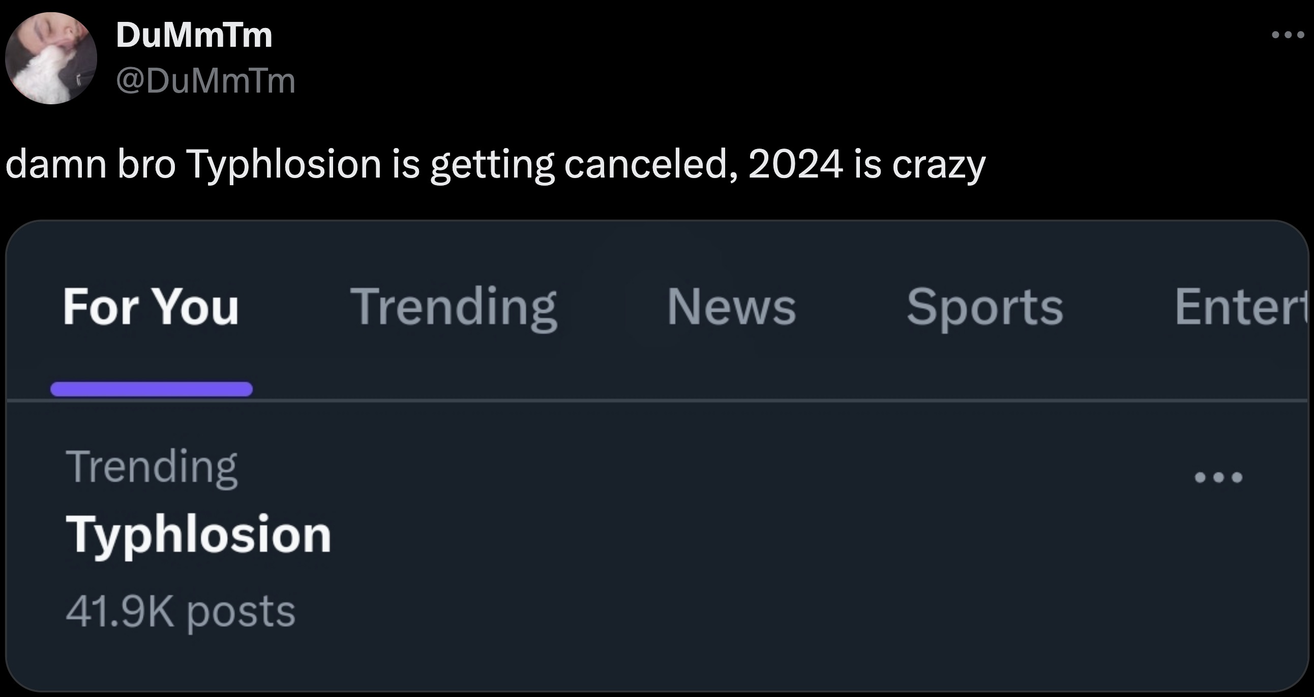 screenshot - DuMmTm damn bro Typhlosion is getting canceled, 2024 is crazy For You Trending News Sports Entert Trending Typhlosion posts