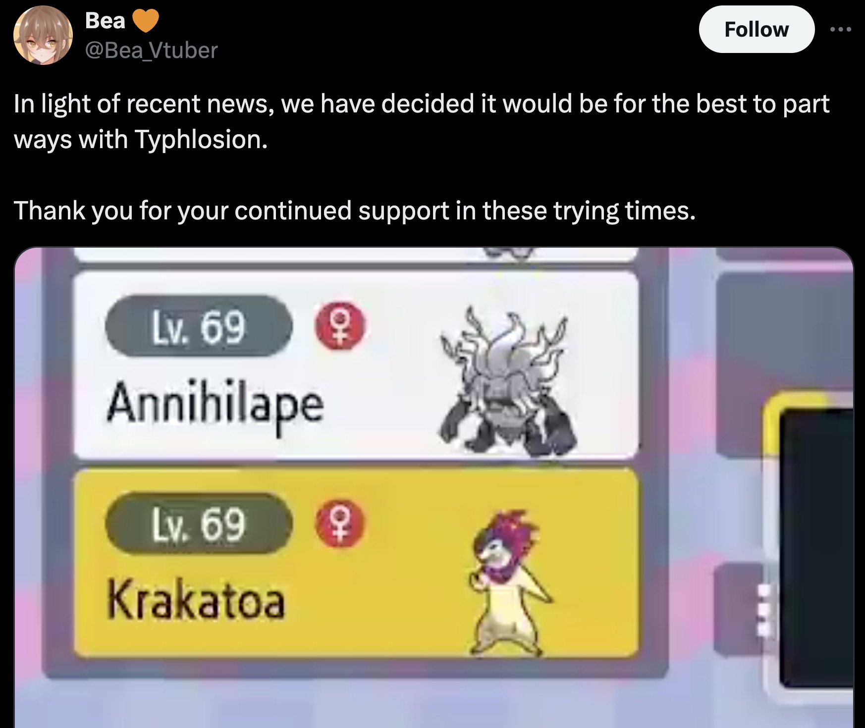 cartoon - Bea Vtuber ... In light of recent news, we have decided it would be for the best to part ways with Typhlosion. Thank you for your continued support in these trying times. Lv. 69 O Annihilape Lv. 69 Krakatoa