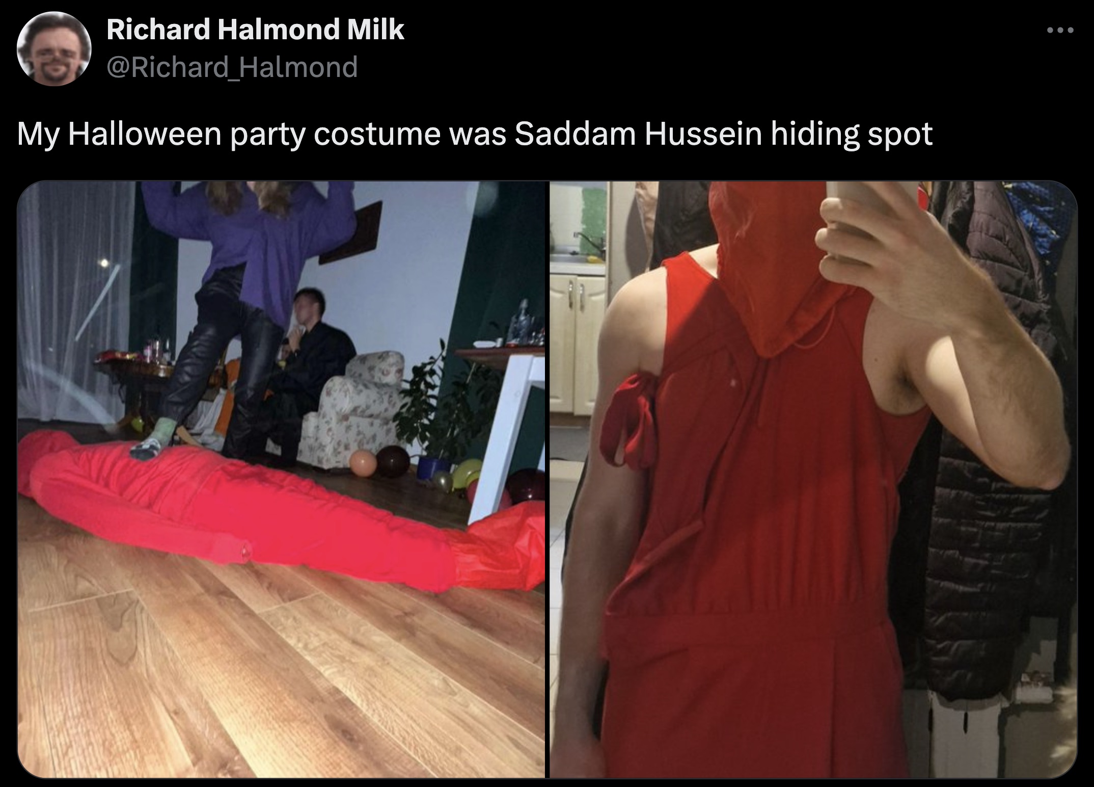 screenshot - Richard Halmond Milk Halmond My Halloween party costume was Saddam Hussein hiding spot