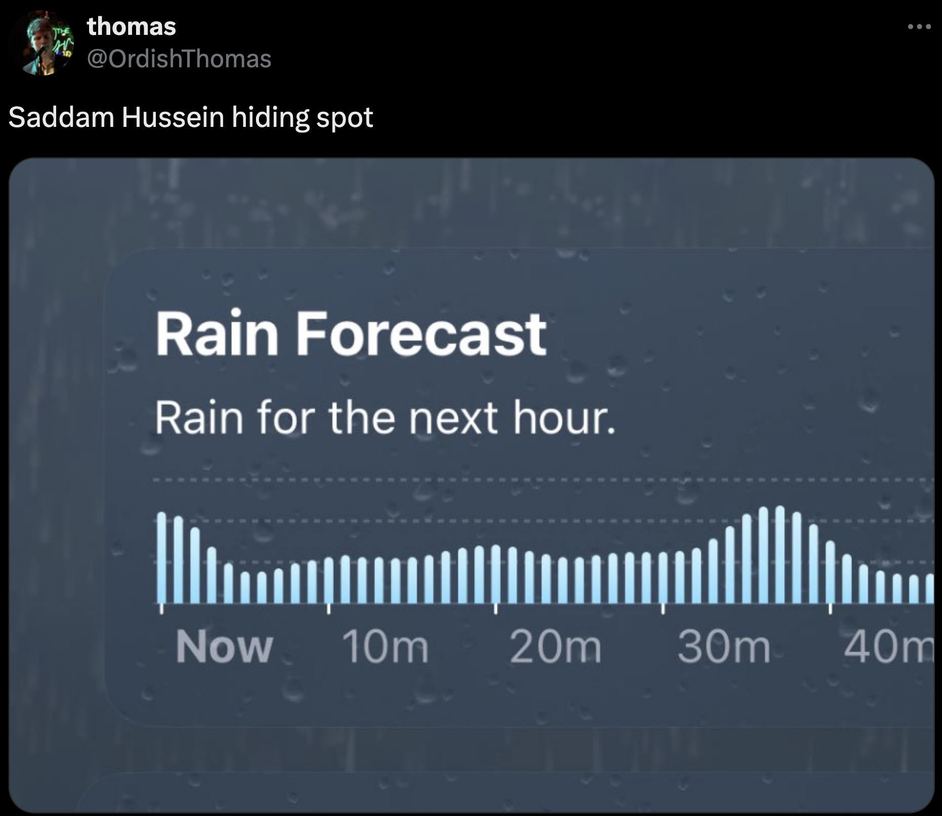 screenshot - thomas Saddam Hussein hiding spot Rain Forecast Rain for the next hour. Now 10m 20m 30m 40m