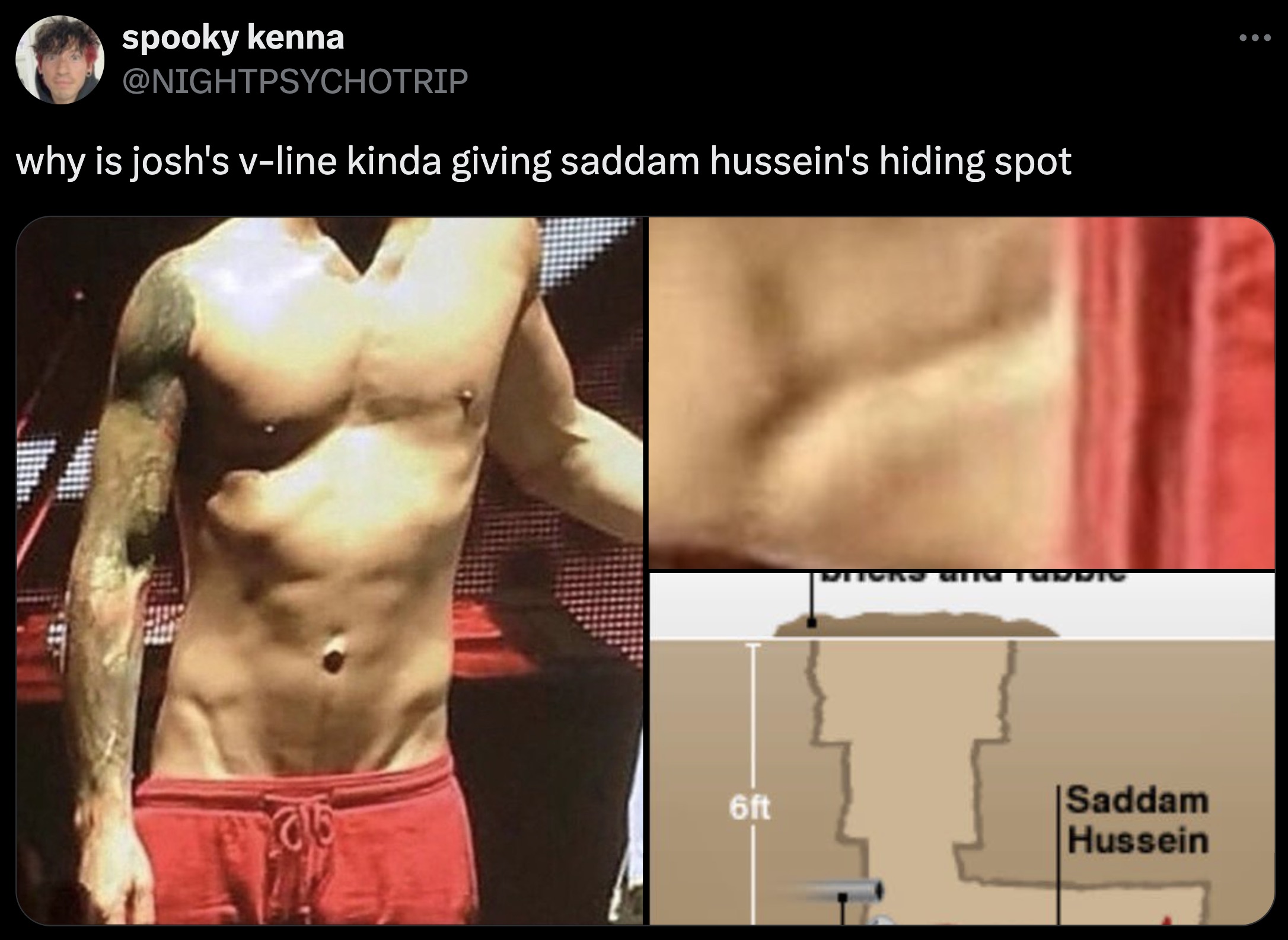 screenshot - spooky kenna why is josh's vline kinda giving saddam hussein's hiding spot 2016 6ft | Mitors Unm Turdic Saddam Hussein