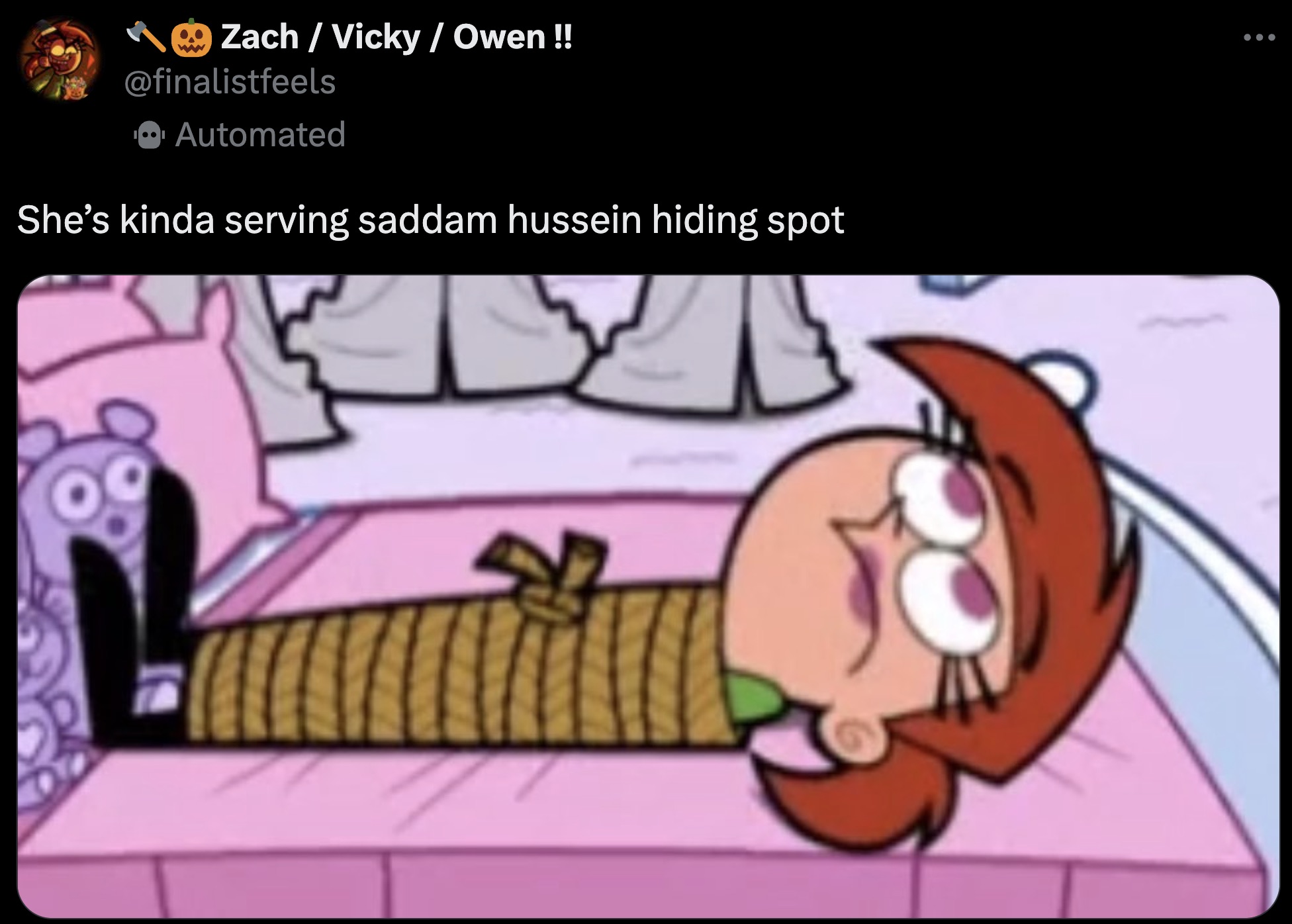 cartoon - Zach Vicky Owen !! Automated She's kinda serving saddam hussein hiding spot