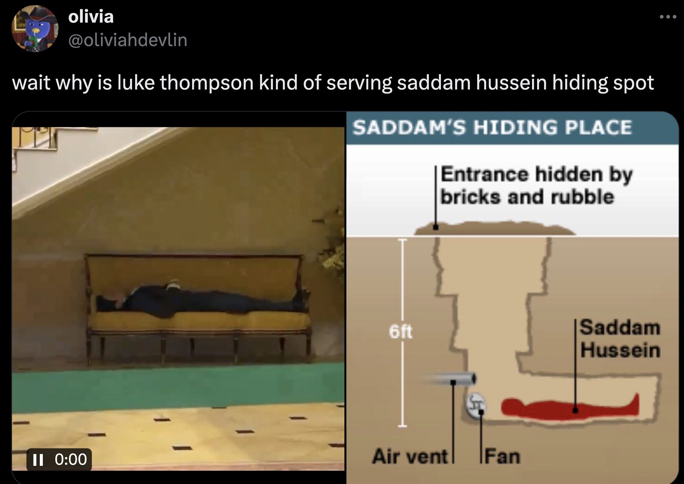 olivia wait why is luke thompson kind of serving saddam hussein hiding spot Saddam'S Hiding Place Entrance hidden by bricks and rubble 6ft Saddam Hussein Ii Air vent Fan