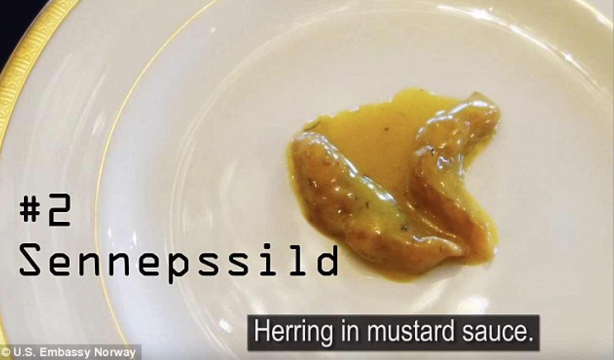 quenelle - Sennepssild U.S. Embassy Norway Herring in mustard sauce.