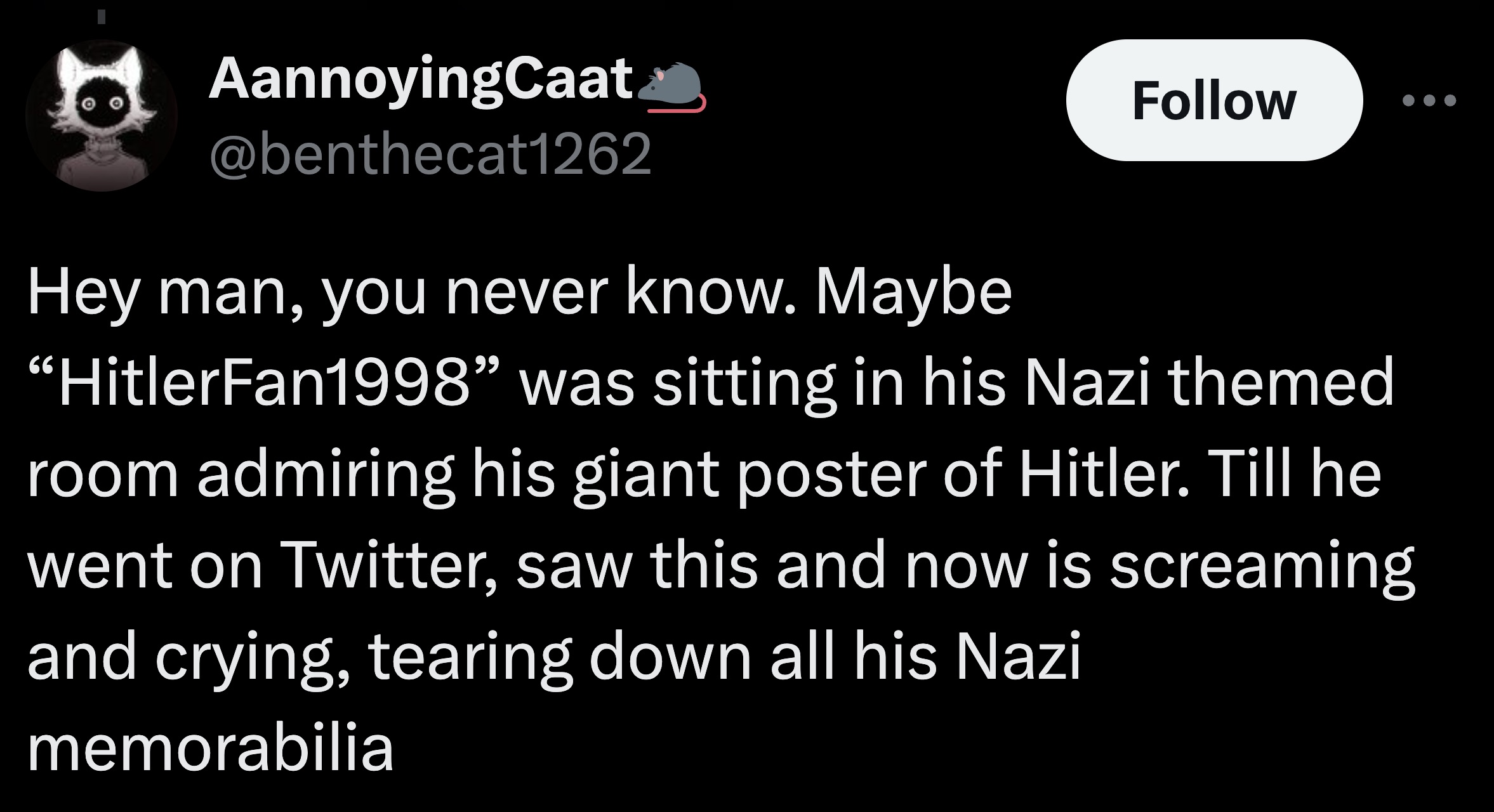 colorfulness - AannoyingCaat Hey man, you never know. Maybe "HitlerFan1998" was sitting in his Nazi themed room admiring his giant poster of Hitler. Till he went on Twitter, saw this and now is screaming and crying, tearing down all his Nazi memorabilia