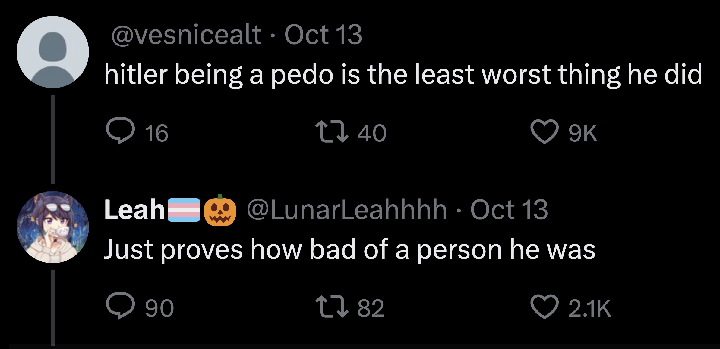 screenshot - Oct 13 hitler being a pedo is the least worst thing he did 16 Leah 2740 Oct 13 9K Just proves how bad of a person he was 90 17 82