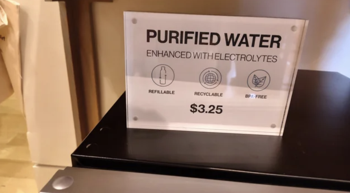 signage - Purified Water Enhanced With Electrolytes Refillable Recyclable Bp Free $3.25